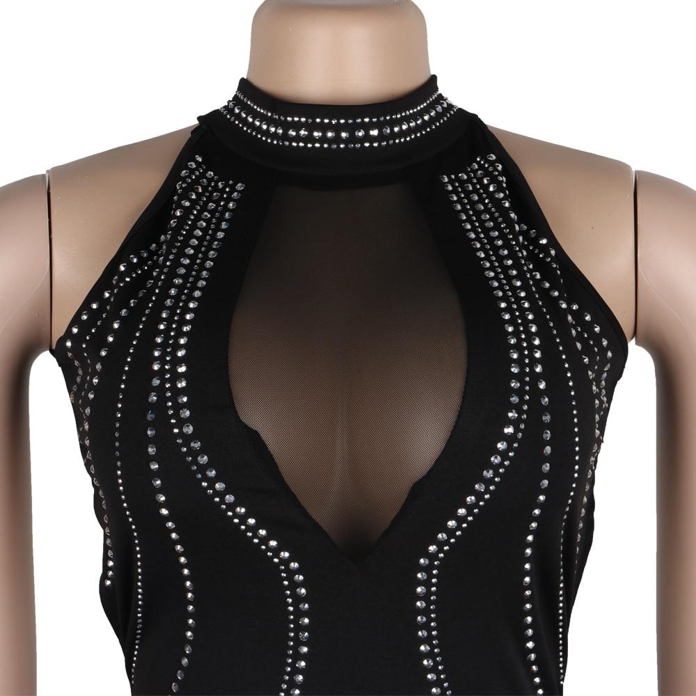 QILI Women Sexy Party Dress Sleeveless Backless Diamonds Rhinestone Dresses Black See Through Mesh Bodycon Dress Femme S-5XL