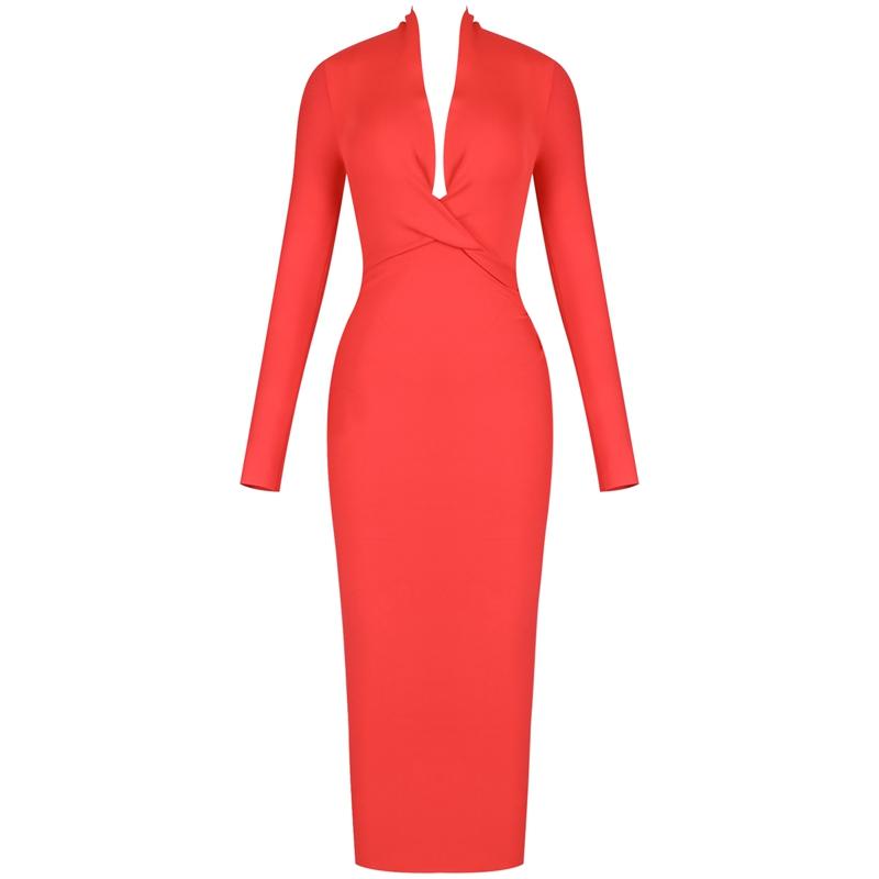 Deer Lady Women Bandage Dress 2019 New Arrivals Red Bandage Dress Bodycon V Neck Bandage Dress Long Sleeve Sexy Party Club