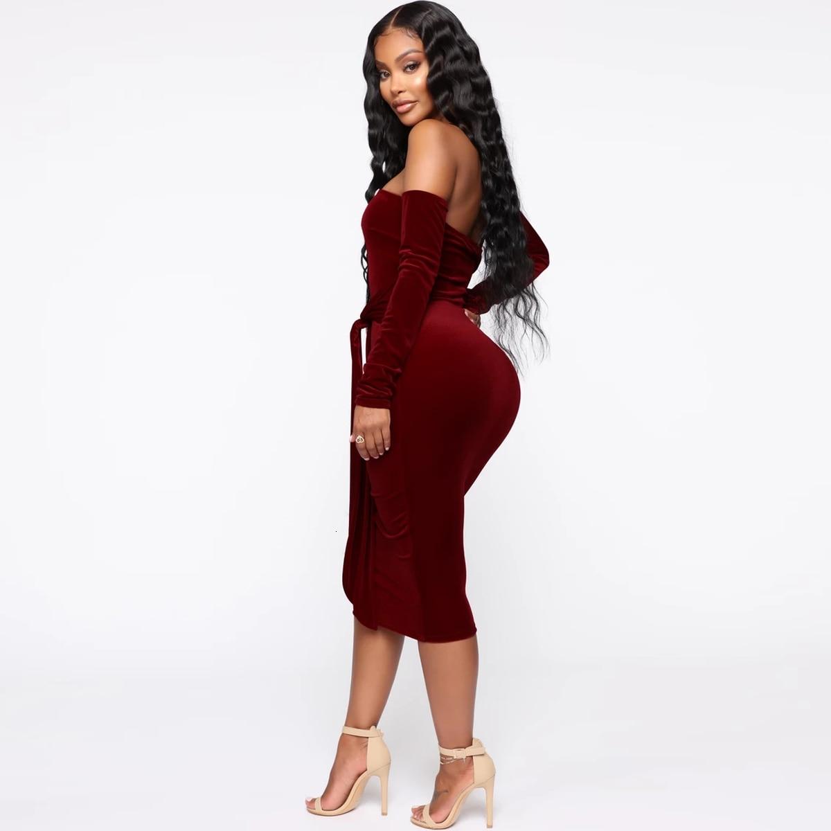 EvaQueen Velvet Winter Party Dresses Women Off Shoulder Sexy Midi Dresses Club Strapless 2019 Dress Elegant Slash Neck Fashion