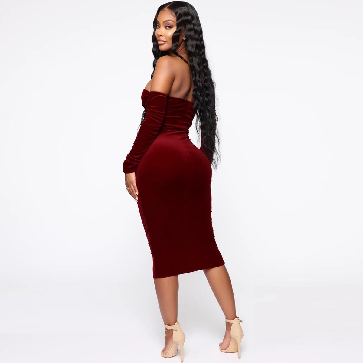 EvaQueen Velvet Winter Party Dresses Women Off Shoulder Sexy Midi Dresses Club Strapless 2019 Dress Elegant Slash Neck Fashion