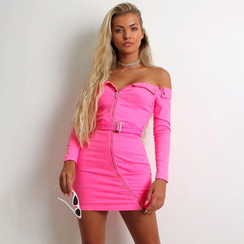 Chicology off shoulder belt zipper button dress long sleeve bodycon 2019 autumn winter women sexy party casual lady clothes