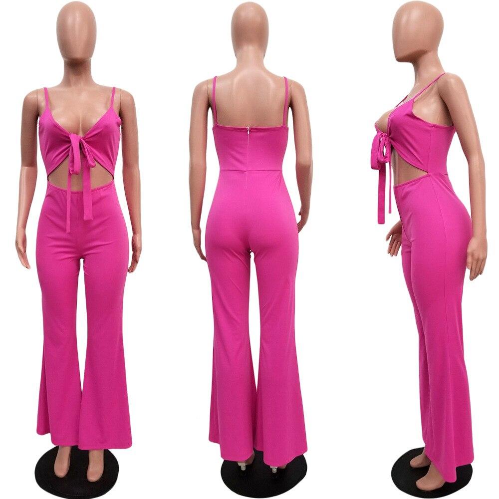 Spaghetti Strap Sexy Bodycon Jumpsuit Women Waist Band Cut Out Sleeveless Flare Romper Summer Bow Tie Backless One Piece Overall