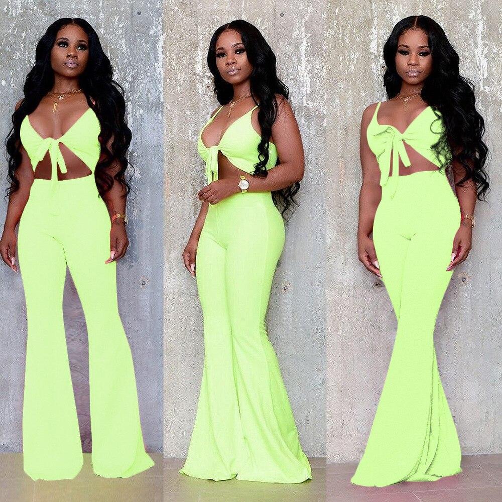 Spaghetti Strap Sexy Bodycon Jumpsuit Women Waist Band Cut Out Sleeveless Flare Romper Summer Bow Tie Backless One Piece Overall