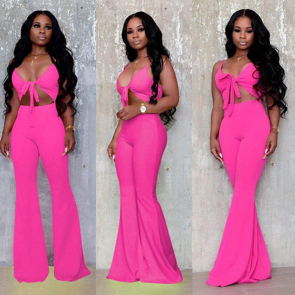 Spaghetti Strap Sexy Bodycon Jumpsuit Women Waist Band Cut Out Sleeveless Flare Romper Summer Bow Tie Backless One Piece Overall