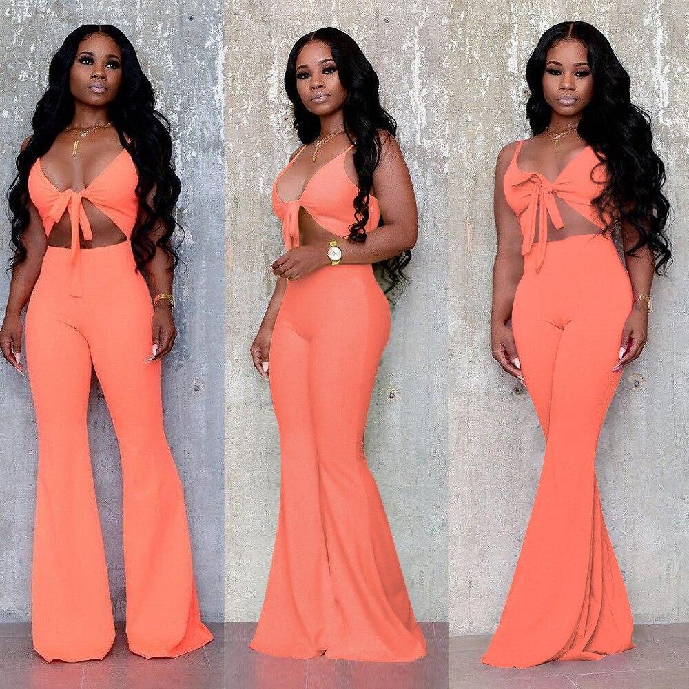 Spaghetti Strap Sexy Bodycon Jumpsuit Women Waist Band Cut Out Sleeveless Flare Romper Summer Bow Tie Backless One Piece Overall