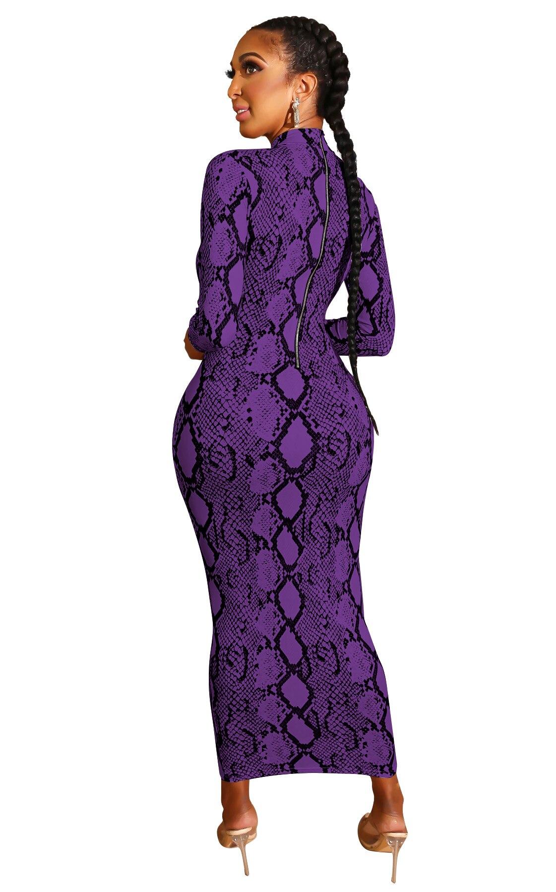 Women SnakeSkin Dress Sexy Print Womens Snake Skin sheath Long Sleeve Zipper Deep V Midi Bodycon Elegant Party Dress