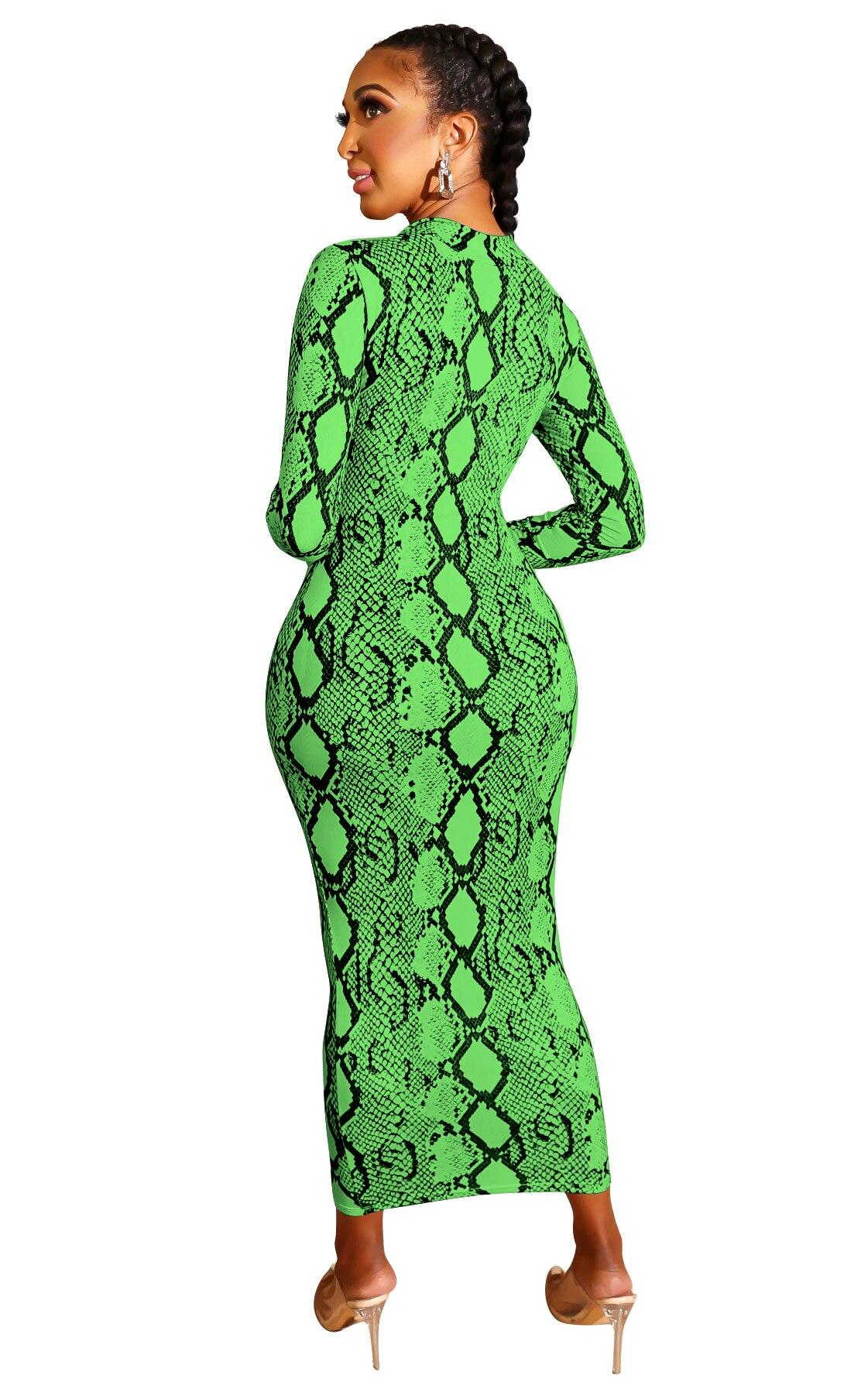 Women SnakeSkin Dress Sexy Print Womens Snake Skin sheath Long Sleeve Zipper Deep V Midi Bodycon Elegant Party Dress