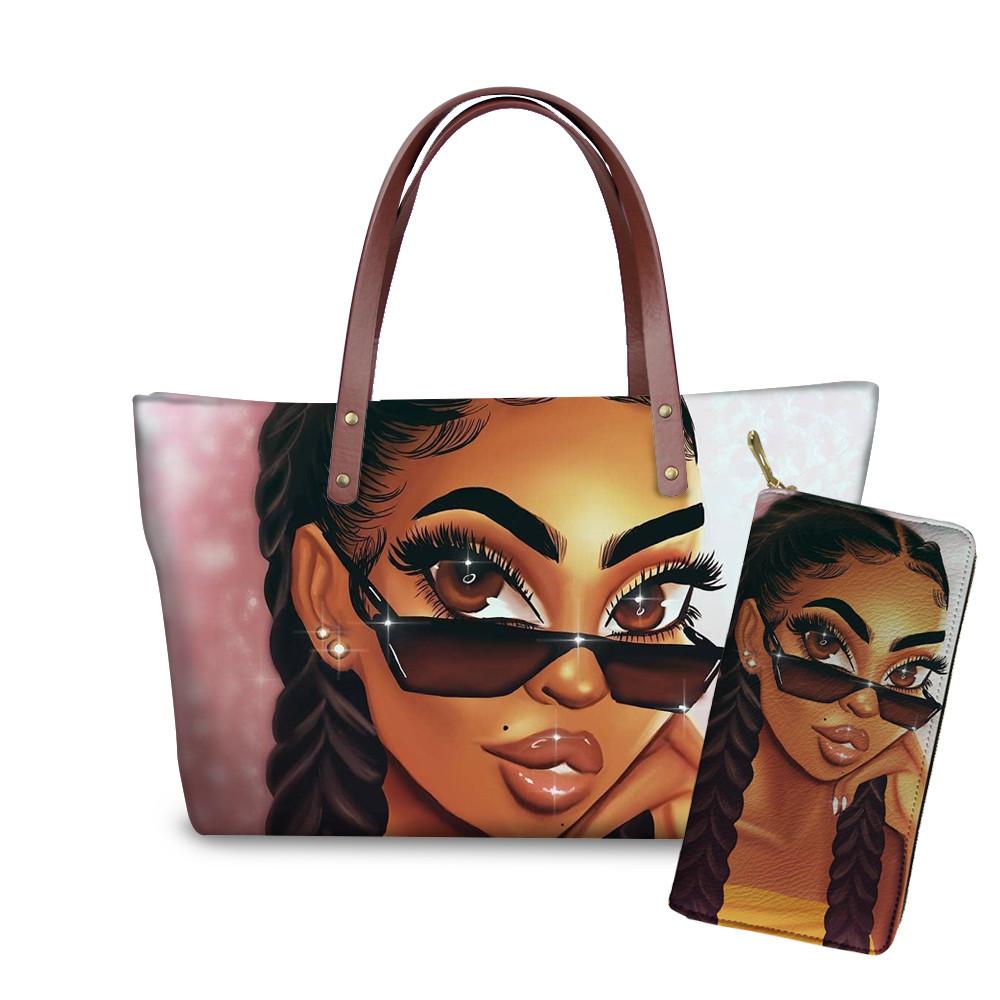 FORUDESIGNS Brand Luxury Design Handbags Women Black Art African Girl Printing 2pcs/set Hand Bag&Wallet Females Top-Handle Bags