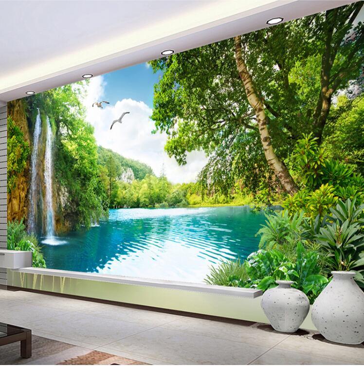 Forest Waterfall Wallpaper Mural 3D Wall Paper Green Mountain Nature Landscape Photo Wallpapers for Living Room Art Wall Decor