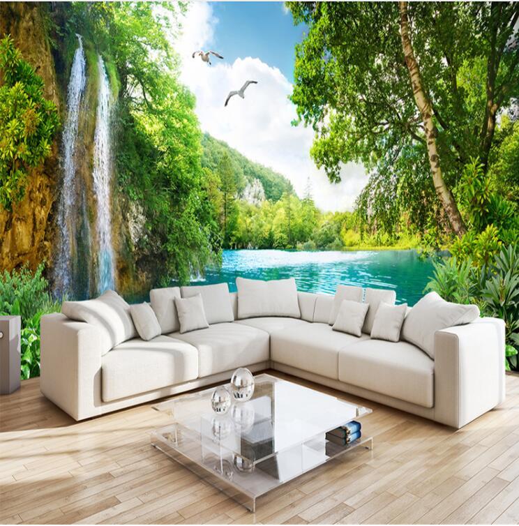 Forest Waterfall Wallpaper Mural 3D Wall Paper Green Mountain Nature Landscape Photo Wallpapers for Living Room Art Wall Decor