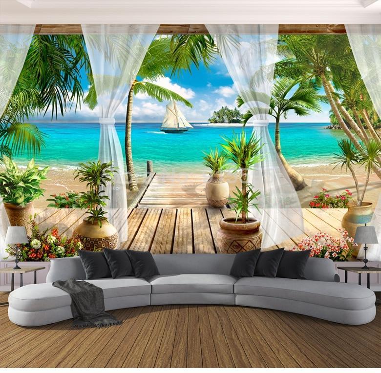 Custom 3D Photo Wallpaper Balcony Sandy Beach Sea View 3D Living Room Sofa Bedroom TV Background Wall Mural Wallpaper Home Decor