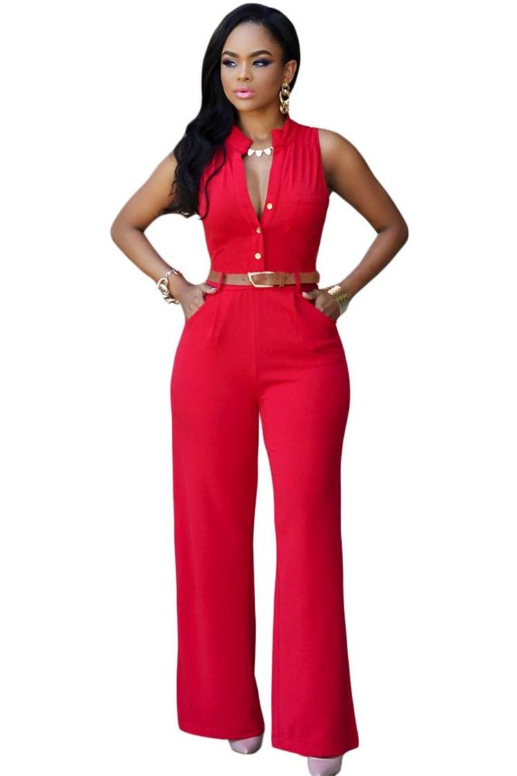 Oufisun Sexy Deep V-neck Summer Women's Jumpsuit Casual Solid Buitton bodycon Jumpsuits Fashion Sashes Tunic Sleeveless Jumpsuit