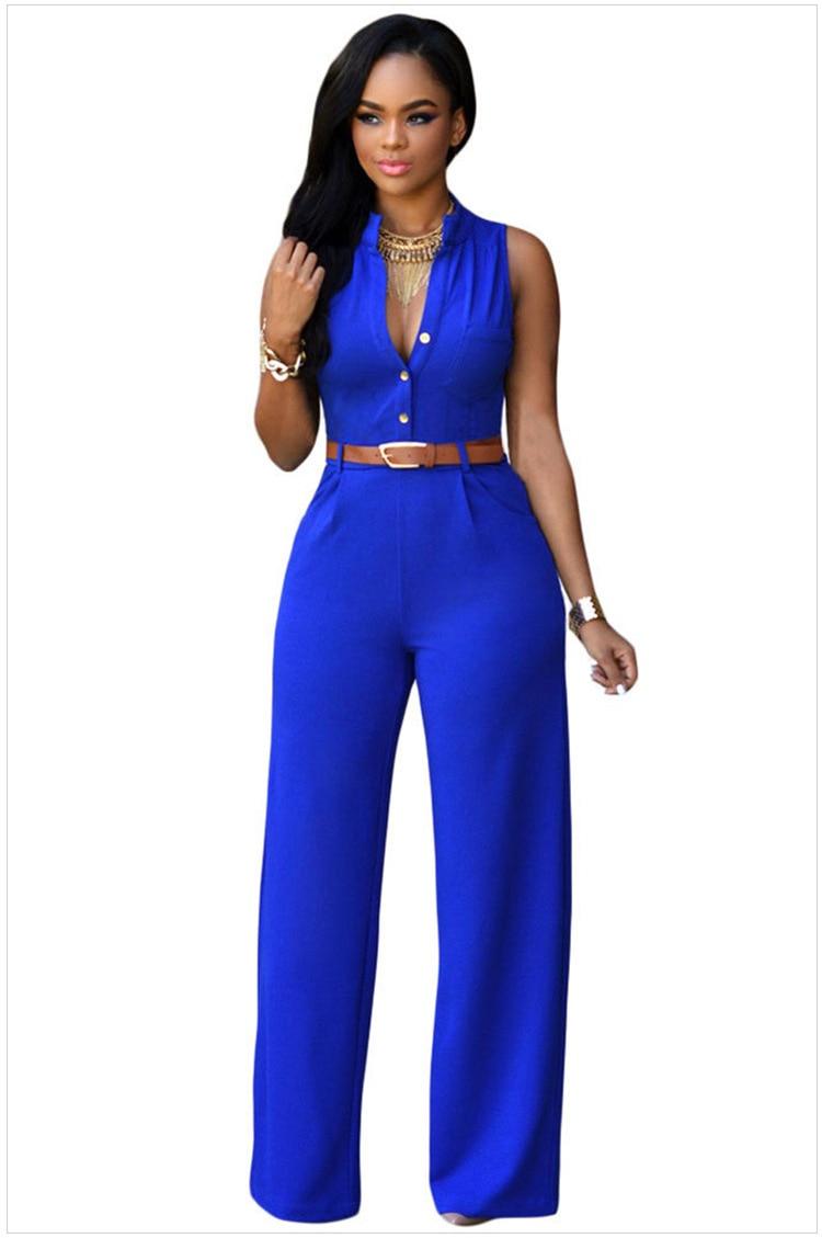 Oufisun Sexy Deep V-neck Summer Women's Jumpsuit Casual Solid Buitton bodycon Jumpsuits Fashion Sashes Tunic Sleeveless Jumpsuit