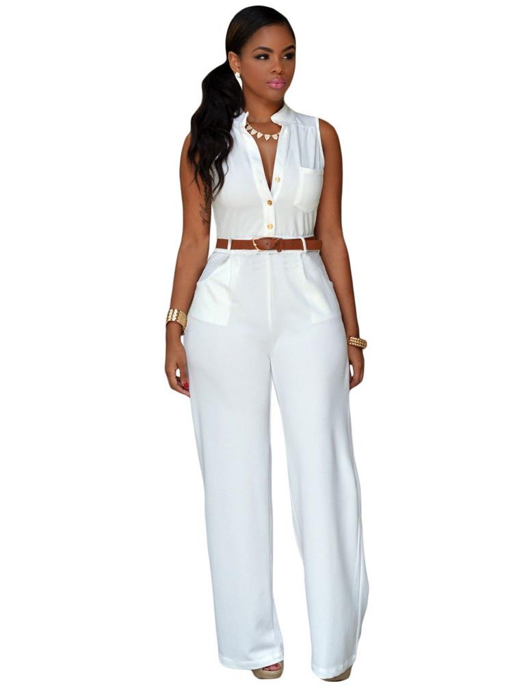 Oufisun Sexy Deep V-neck Summer Women's Jumpsuit Casual Solid Buitton bodycon Jumpsuits Fashion Sashes Tunic Sleeveless Jumpsuit