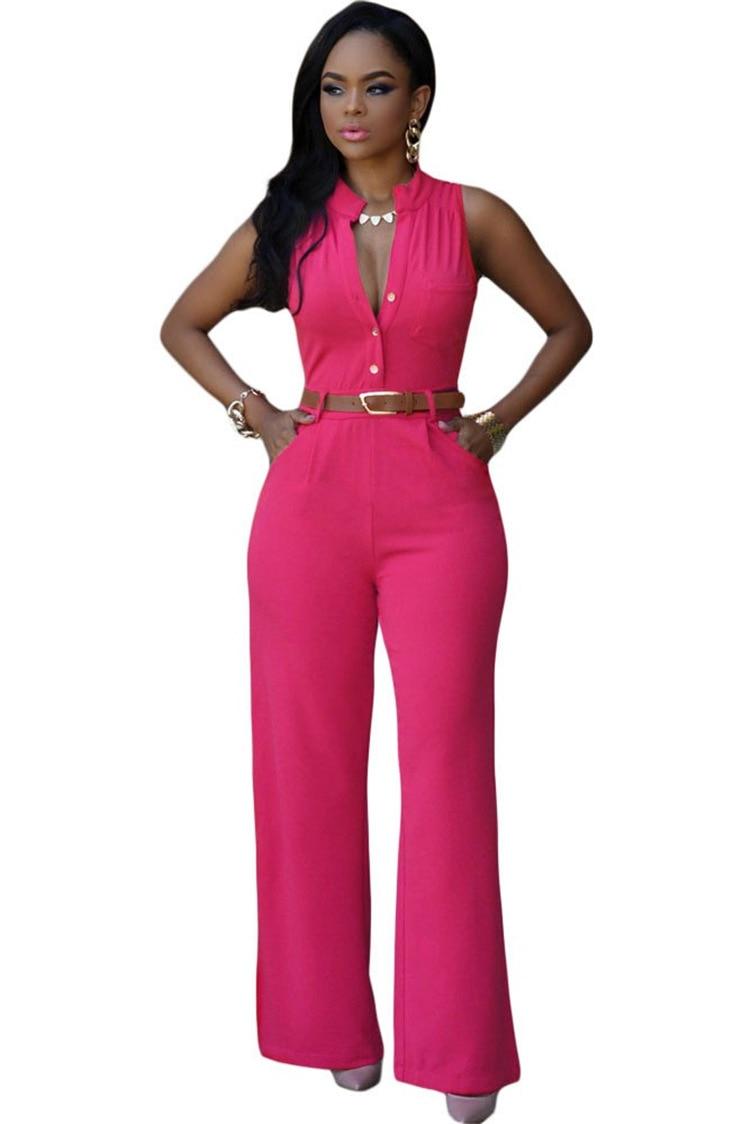 Oufisun Sexy Deep V-neck Summer Women's Jumpsuit Casual Solid Buitton bodycon Jumpsuits Fashion Sashes Tunic Sleeveless Jumpsuit