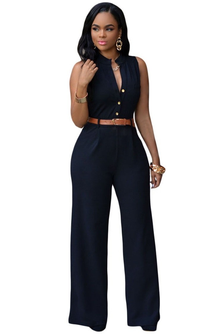 Oufisun Sexy Deep V-neck Summer Women's Jumpsuit Casual Solid Buitton bodycon Jumpsuits Fashion Sashes Tunic Sleeveless Jumpsuit