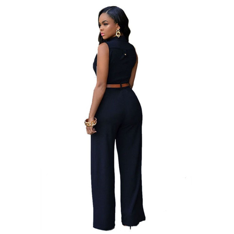 Oufisun Sexy Deep V-neck Summer Women's Jumpsuit Casual Solid Buitton bodycon Jumpsuits Fashion Sashes Tunic Sleeveless Jumpsuit