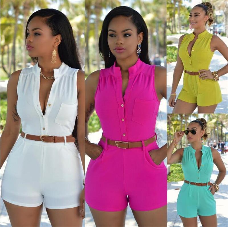 Oufisun Summer Sexy Sleeveles Deep V-neck Women Jumpsuit 2019 New Casual Solid Sashes Tunic Button Pocket Beach Female Playsuits