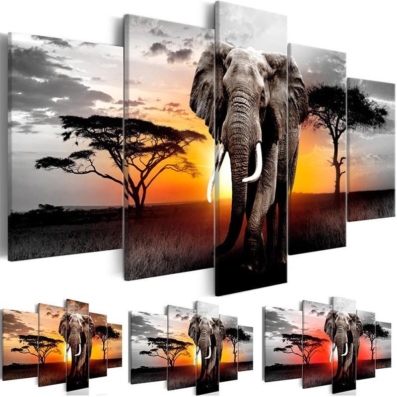 Elephants Print Poster Canvas Art 5 Panel Canvas Painting Wall Art Modular Pictures for Living Room Home Decor Gift for Him