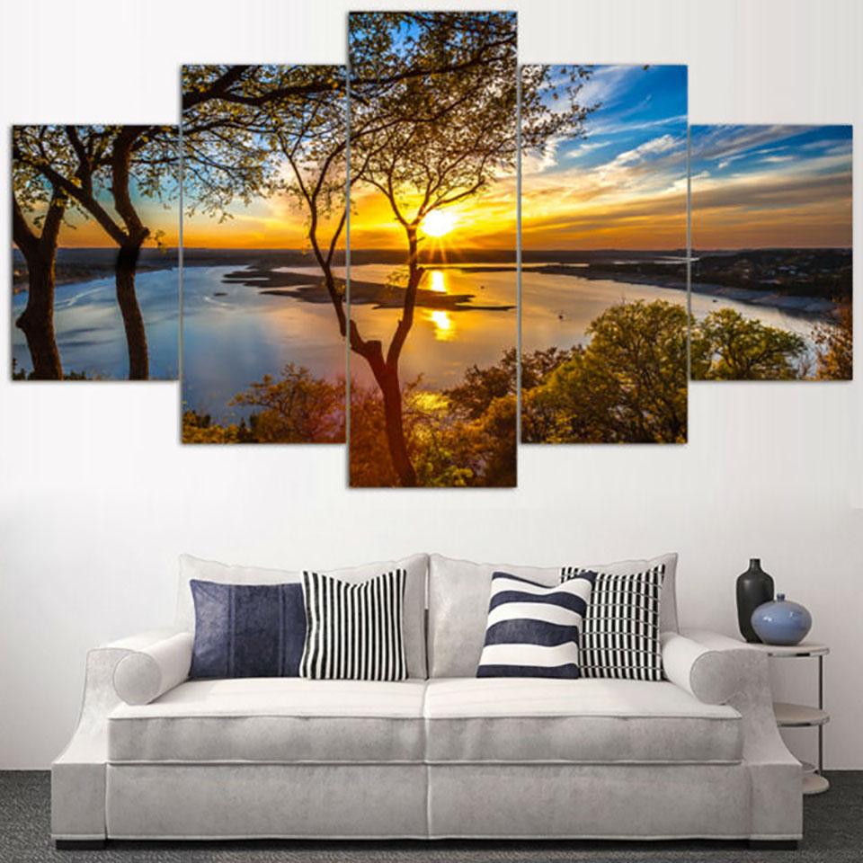 HD Print Painting Modular Pictures Canvas 5 Panel Beautiful Sunrise Natural Landscape Posters Tableau Wall Art Home Decor Modern