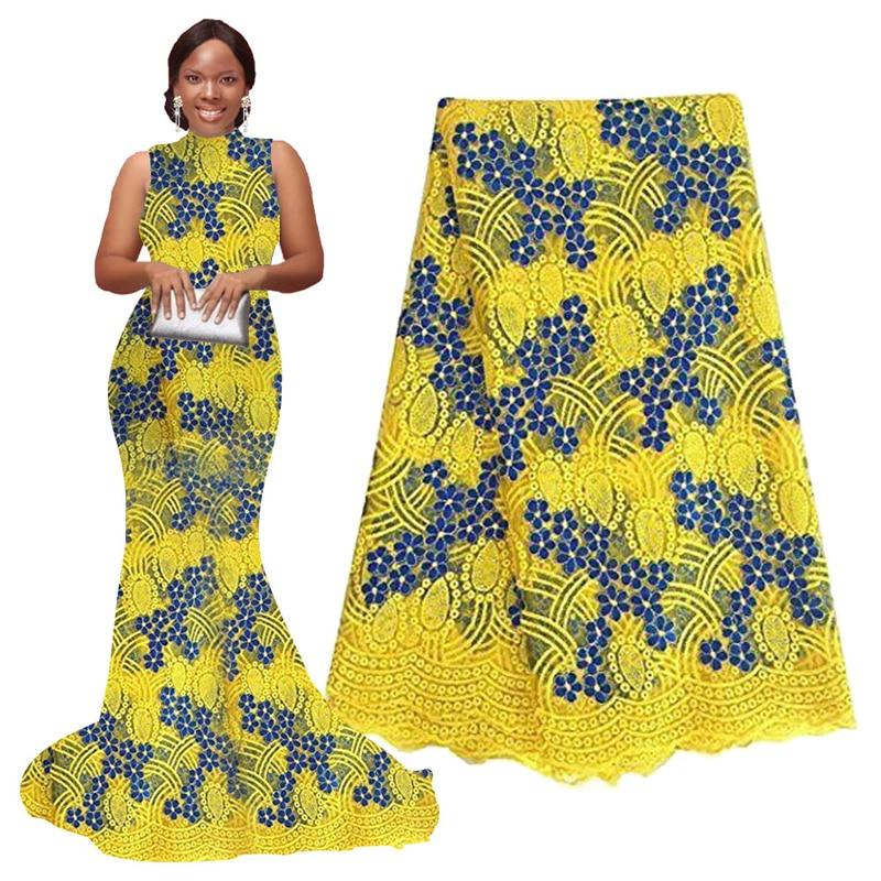 African Lace Fabrics Nigeria Lace Fabrics Embroidery Blue Yellow Wedding Beaded Lace African Bridal Lace Fabric 5 Yards 2019