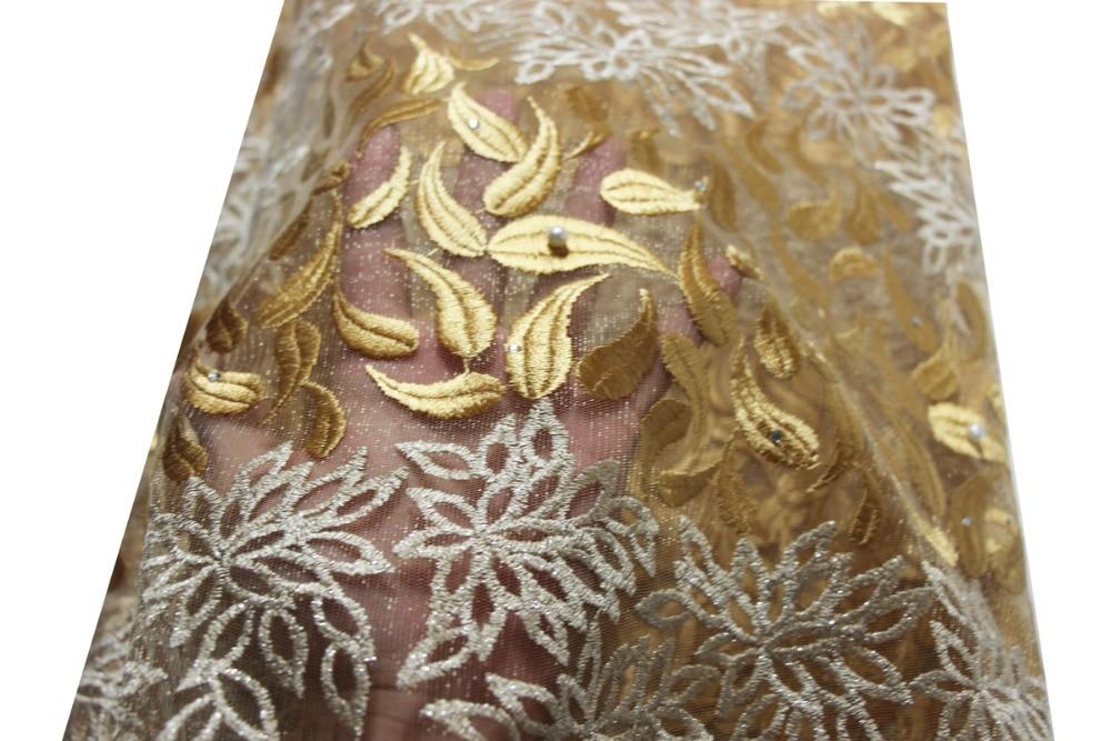 Nigeria Lace Fabrics Lace African Fabric Gold Lace Embroidery Beaded Lace African Bridal Fabric 5 Yards for Wedding Party 2019