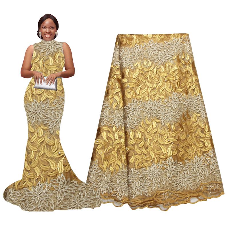 Nigeria Lace Fabrics Lace African Fabric Gold Lace Embroidery Beaded Lace African Bridal Fabric 5 Yards for Wedding Party 2019