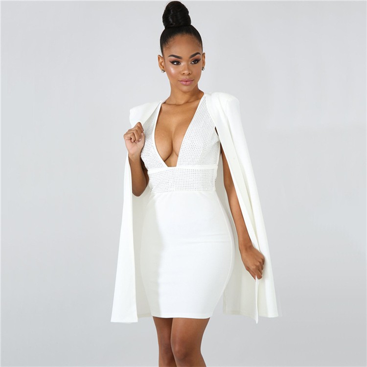 Adogirl Diamonds Sexy Deep V Neck Bodycon Dress with Cloak Women Sleeveless Mini Club Party Dresses Detachable Cape Poncho