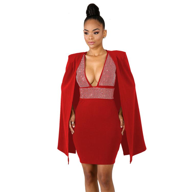 Adogirl Diamonds Sexy Deep V Neck Bodycon Dress with Cloak Women Sleeveless Mini Club Party Dresses Detachable Cape Poncho