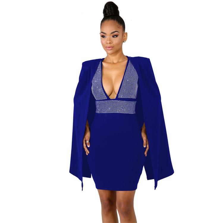 Adogirl Diamonds Sexy Deep V Neck Bodycon Dress with Cloak Women Sleeveless Mini Club Party Dresses Detachable Cape Poncho