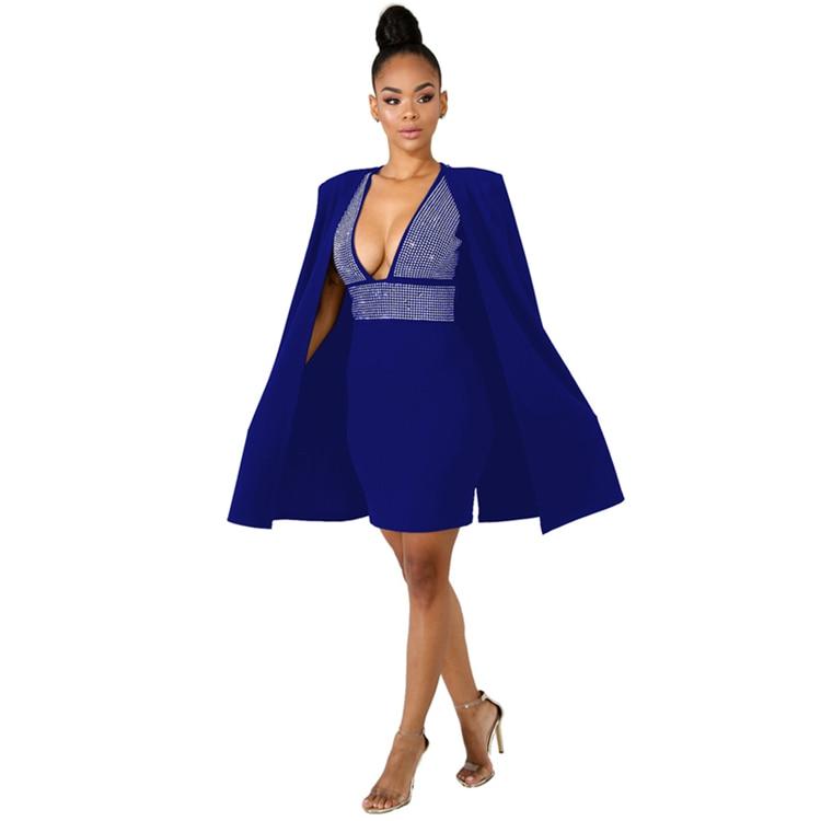 Adogirl Diamonds Sexy Deep V Neck Bodycon Dress with Cloak Women Sleeveless Mini Club Party Dresses Detachable Cape Poncho