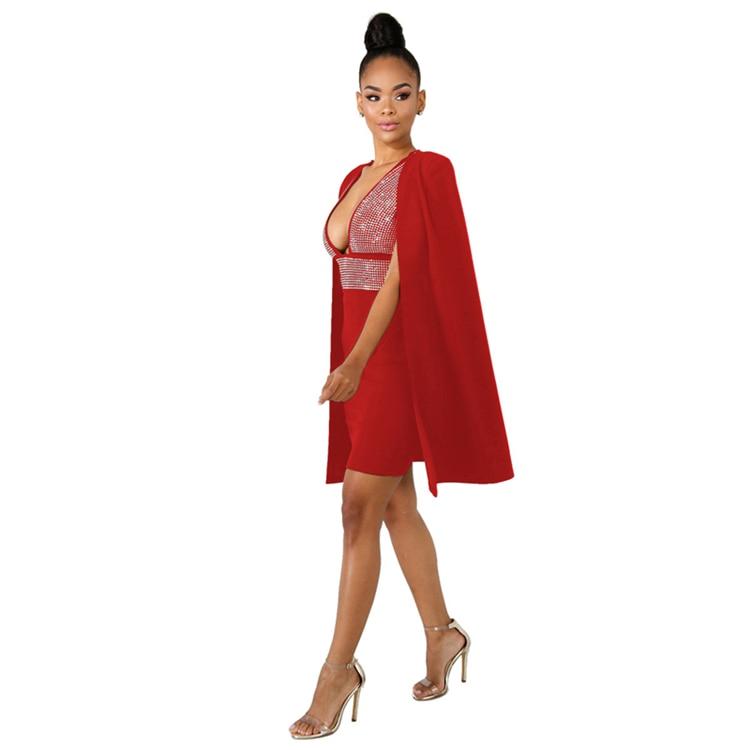 Adogirl Diamonds Sexy Deep V Neck Bodycon Dress with Cloak Women Sleeveless Mini Club Party Dresses Detachable Cape Poncho