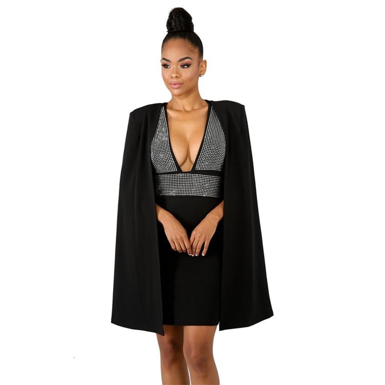 Adogirl Diamonds Sexy Deep V Neck Bodycon Dress with Cloak Women Sleeveless Mini Club Party Dresses Detachable Cape Poncho