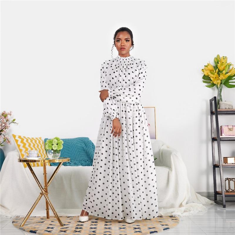 Siskakia Fashion Polka Dot Print Slim Waist Women Long Dress Africa Dubai Arab Oman Fresh Green Maxi Dresses Lantern Long Sleeve