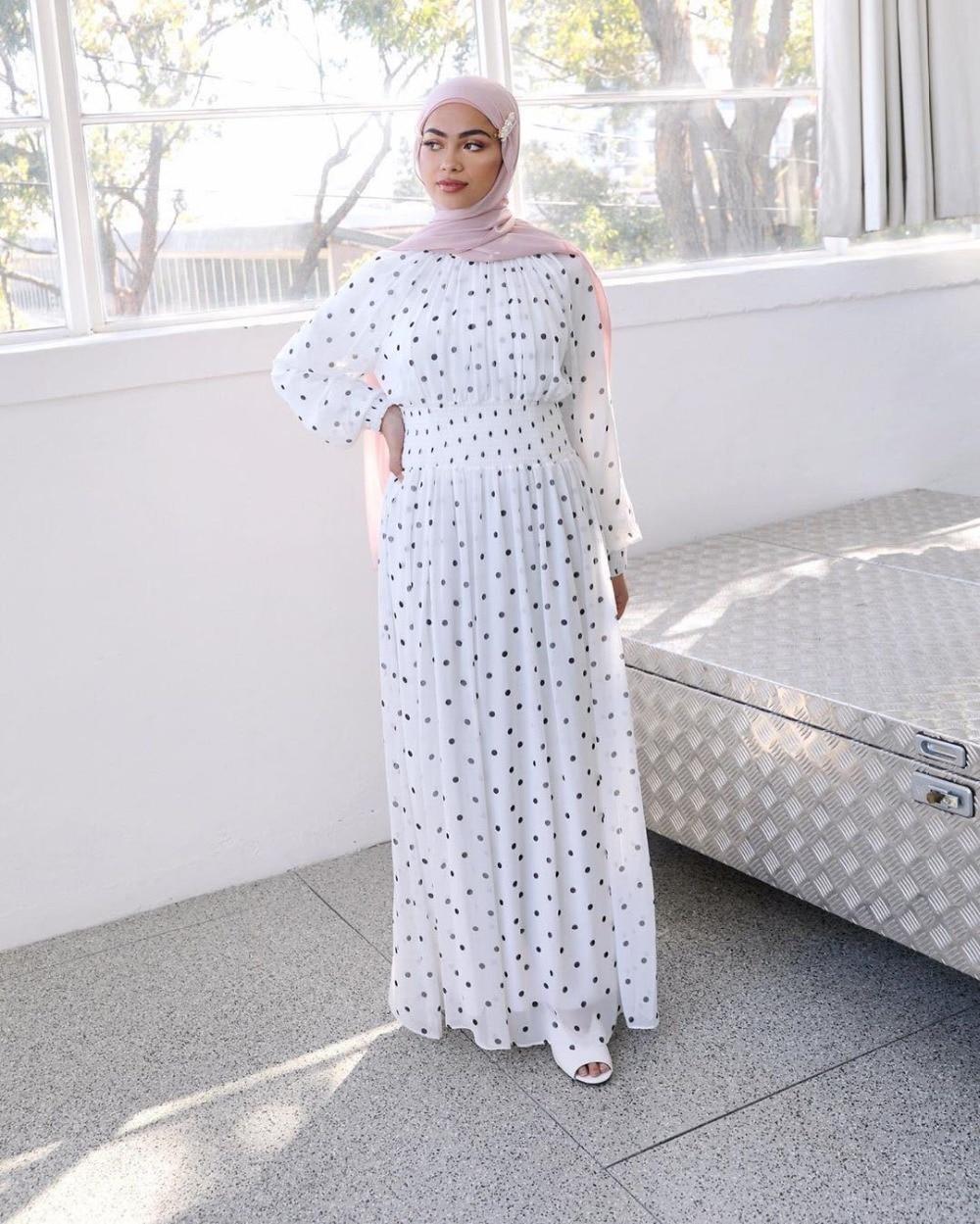 Siskakia Fashion Polka Dot Print Slim Waist Women Long Dress Africa Dubai Arab Oman Fresh Green Maxi Dresses Lantern Long Sleeve