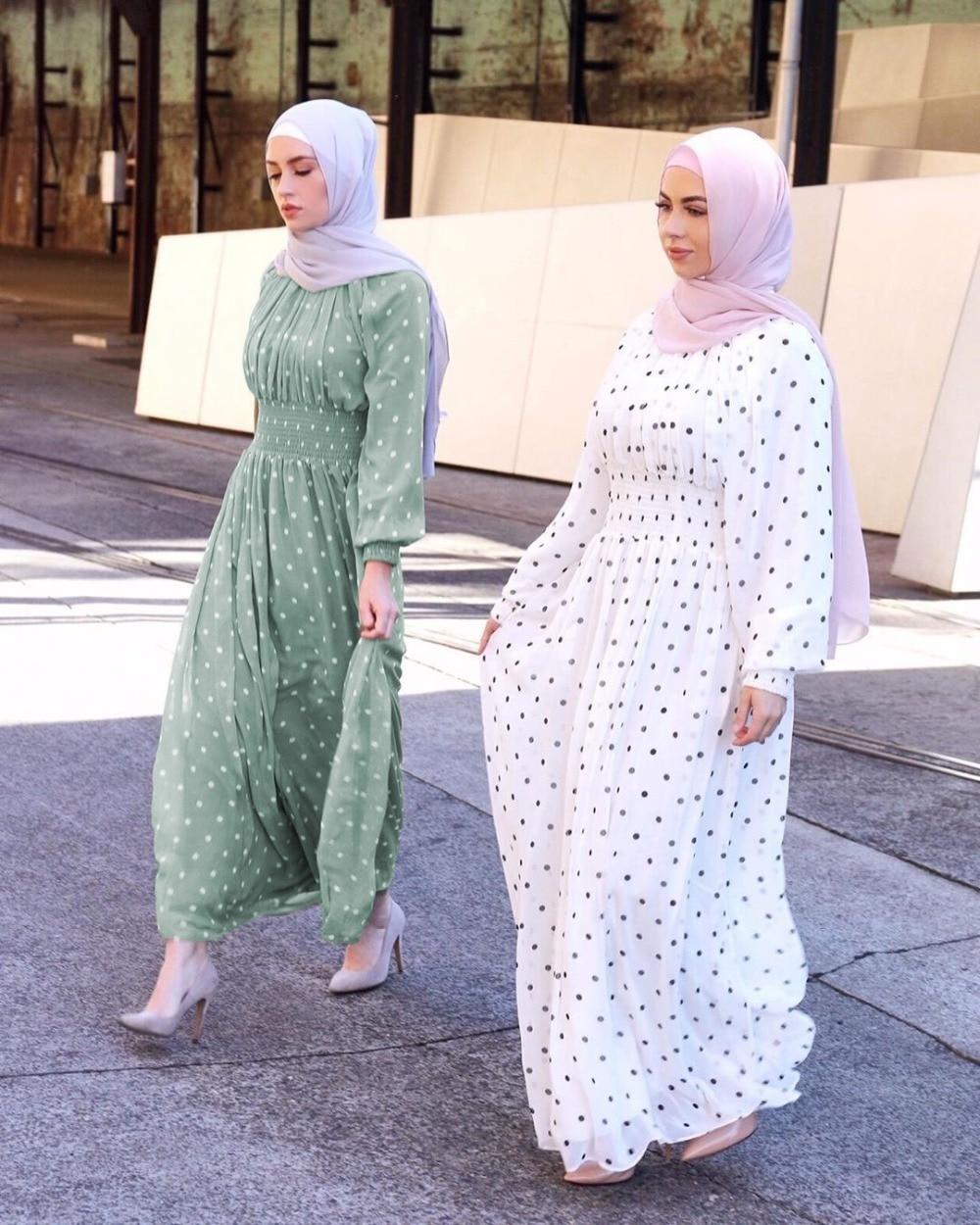 Siskakia Fashion Polka Dot Print Slim Waist Women Long Dress Africa Dubai Arab Oman Fresh Green Maxi Dresses Lantern Long Sleeve