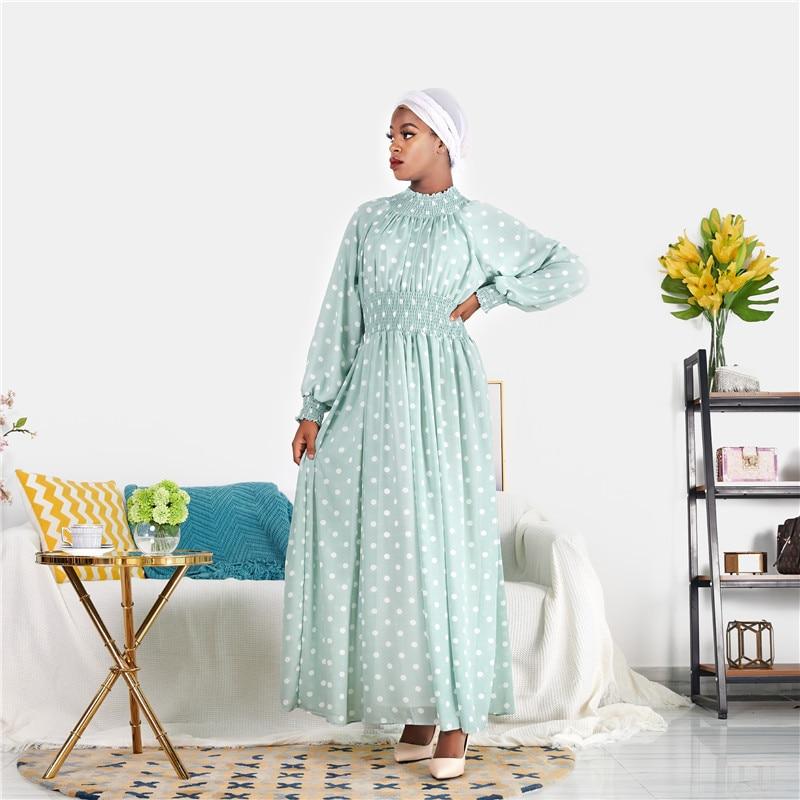 Siskakia Fashion Polka Dot Print Slim Waist Women Long Dress Africa Dubai Arab Oman Fresh Green Maxi Dresses Lantern Long Sleeve