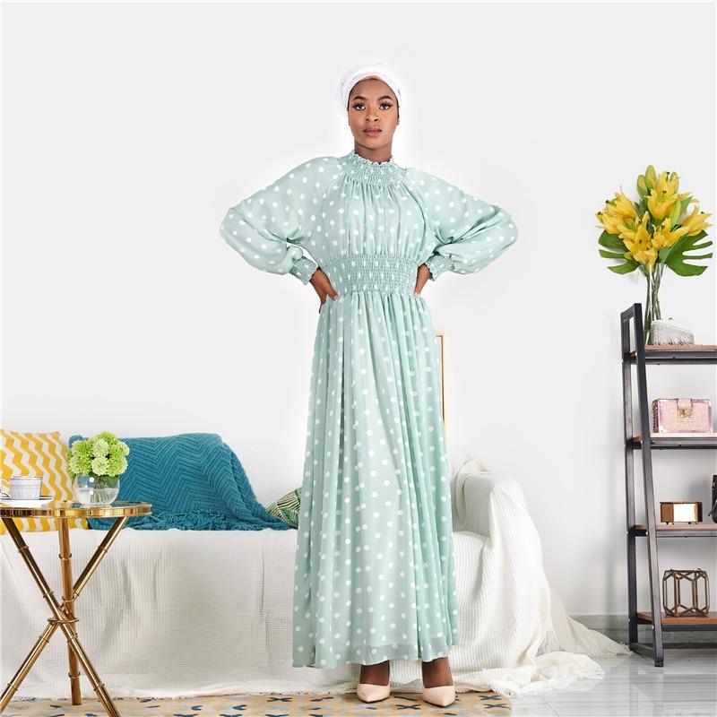 Siskakia Fashion Polka Dot Print Slim Waist Women Long Dress Africa Dubai Arab Oman Fresh Green Maxi Dresses Lantern Long Sleeve