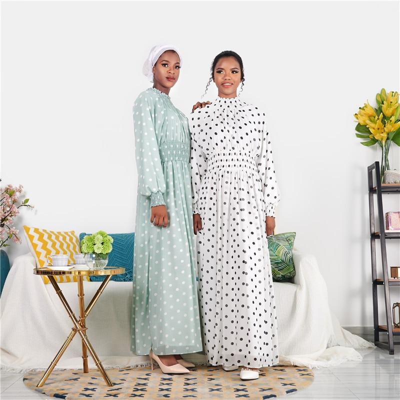 Siskakia Fashion Polka Dot Print Slim Waist Women Long Dress Africa Dubai Arab Oman Fresh Green Maxi Dresses Lantern Long Sleeve