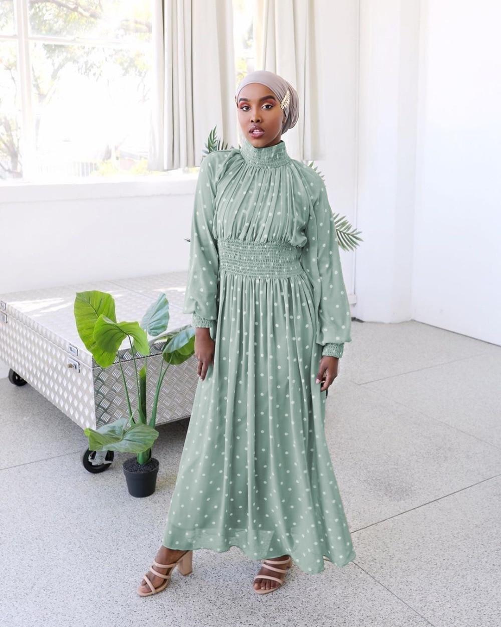 Siskakia Fashion Polka Dot Print Slim Waist Women Long Dress Africa Dubai Arab Oman Fresh Green Maxi Dresses Lantern Long Sleeve