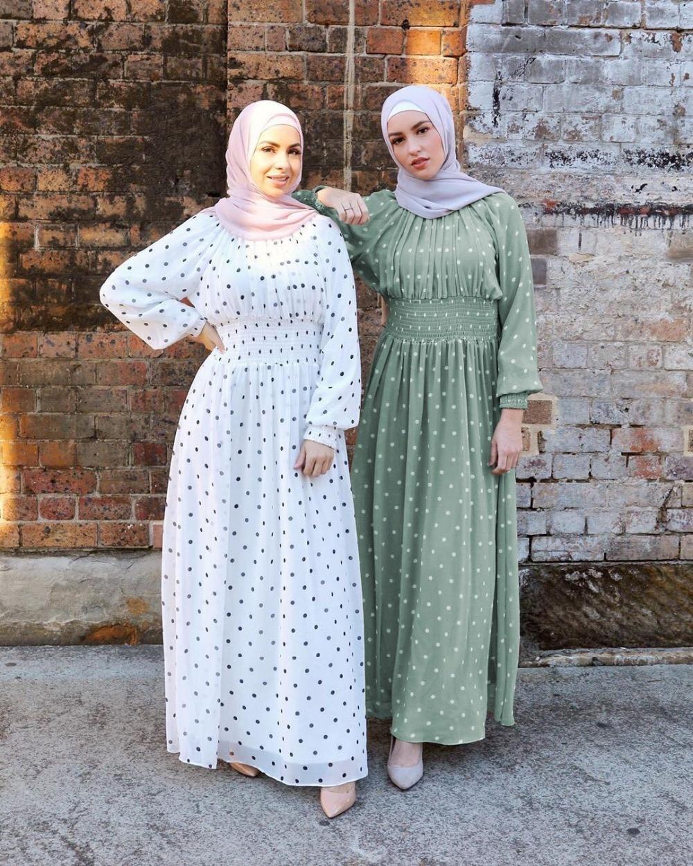 Siskakia Fashion Polka Dot Print Slim Waist Women Long Dress Africa Dubai Arab Oman Fresh Green Maxi Dresses Lantern Long Sleeve