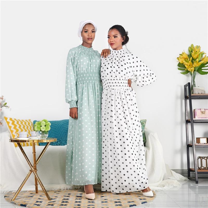 Siskakia Fashion Polka Dot Print Slim Waist Women Long Dress Africa Dubai Arab Oman Fresh Green Maxi Dresses Lantern Long Sleeve