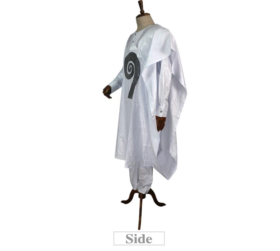 H&D 2019 agbada african men clothes dashiki robe shirt pant 3 pcs suit with rhinestones african men's white formal attire PH8017