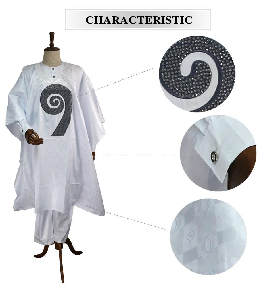 H&D 2019 agbada african men clothes dashiki robe shirt pant 3 pcs suit with rhinestones african men's white formal attire PH8017