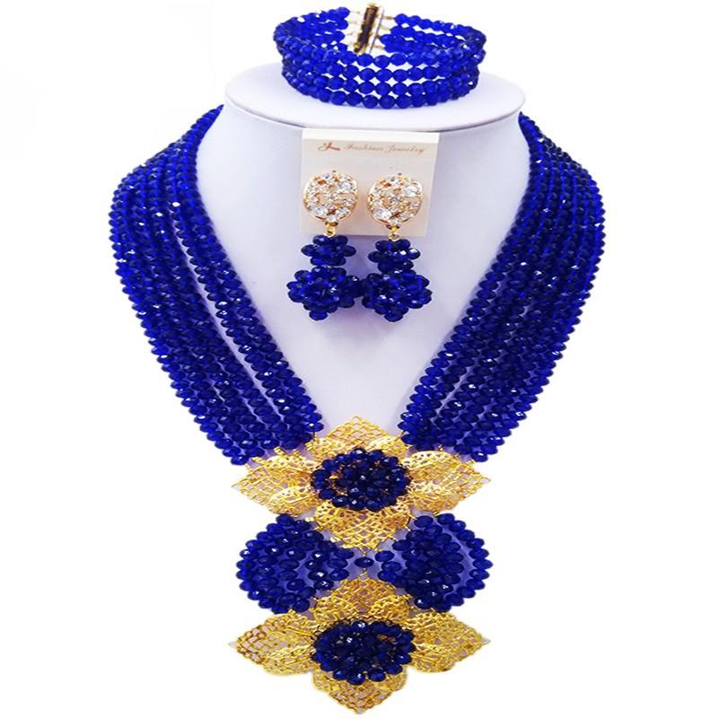 Laanc Fashion Royal Blue Champange Gold Nigerian Wedding African Beads Jewelry Set Crystal C6CHLK024