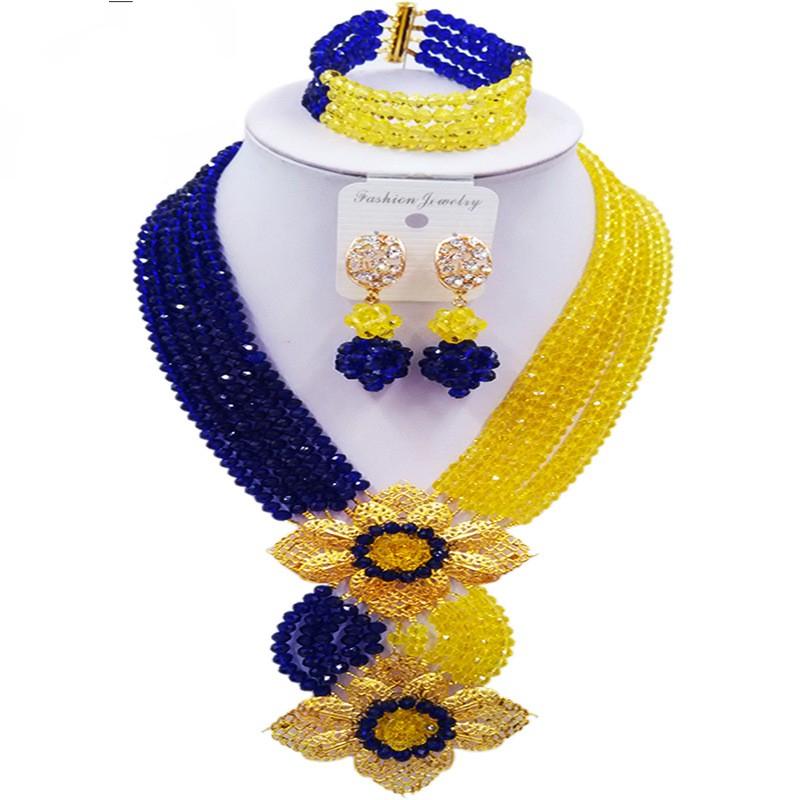 Laanc Fashion Royal Blue Champange Gold Nigerian Wedding African Beads Jewelry Set Crystal C6CHLK024