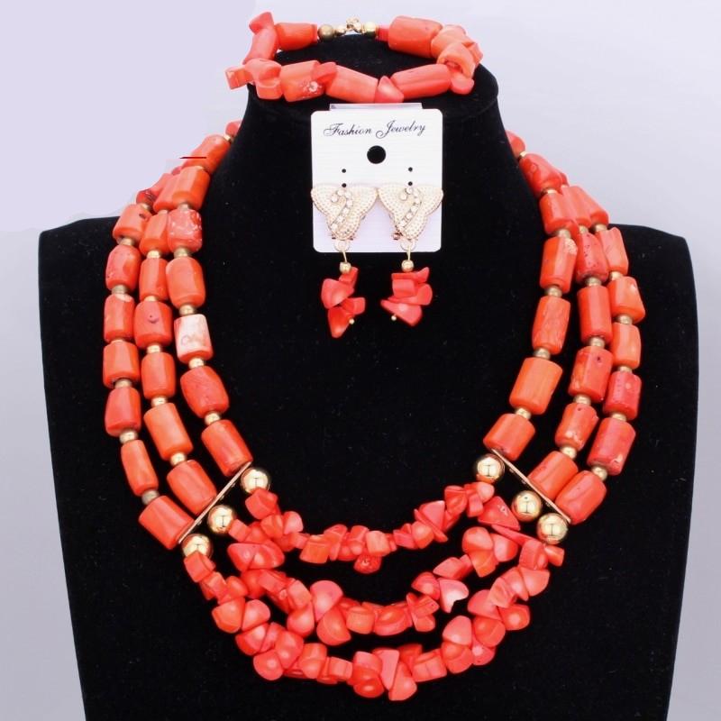 African Coral Beads Bridal Jewelry Set Nigerian Wedding Orange Or Red Jewellery Set For Women Necklace Set Dubai Gold Balls Set