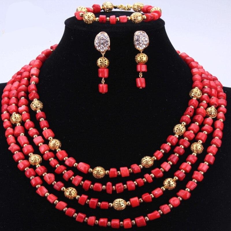 Red Coral Nigerian African Bride Wedding Beads Jewelry Set Plated Gold Jewellery set 4 Layers Necklace Bracelet earring jewelry