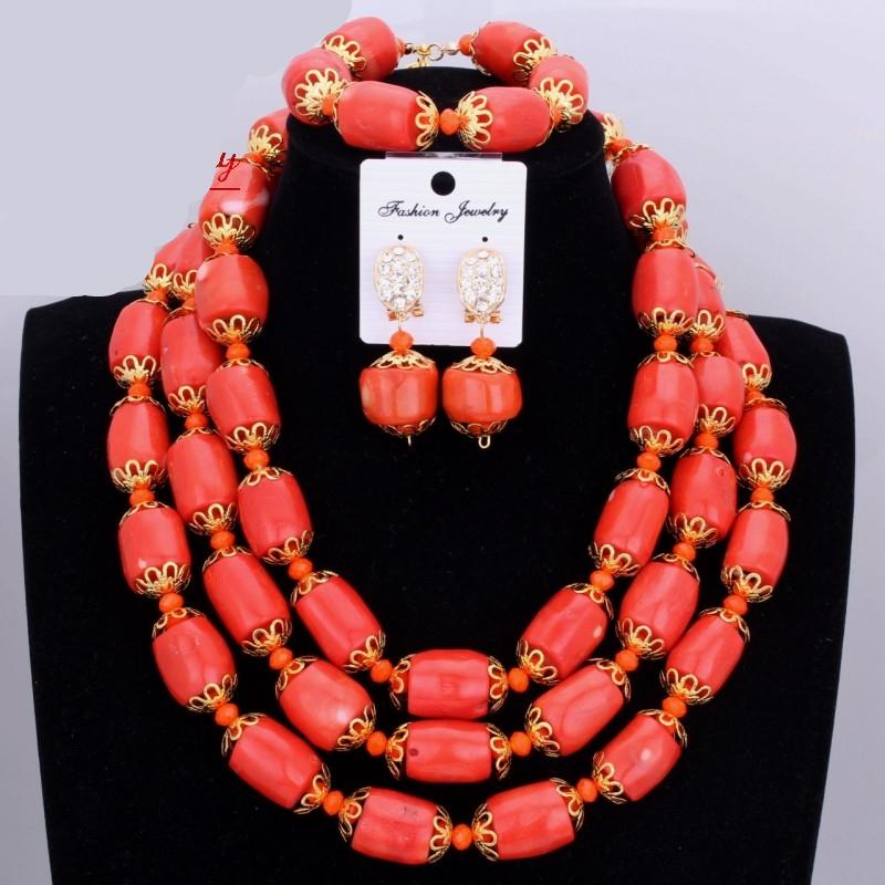 Red Coral Nigerian African Bride Wedding Beads Jewelry Set Plated Gold Jewellery set 4 Layers Necklace Bracelet earring jewelry