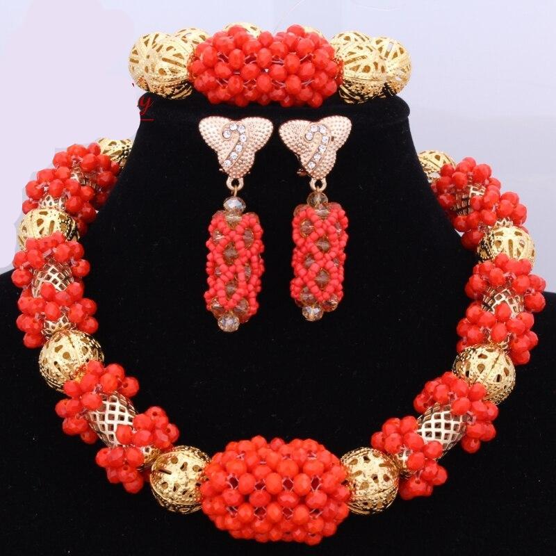 Red Coral Nigerian African Bride Wedding Beads Jewelry Set Plated Gold Jewellery set 4 Layers Necklace Bracelet earring jewelry